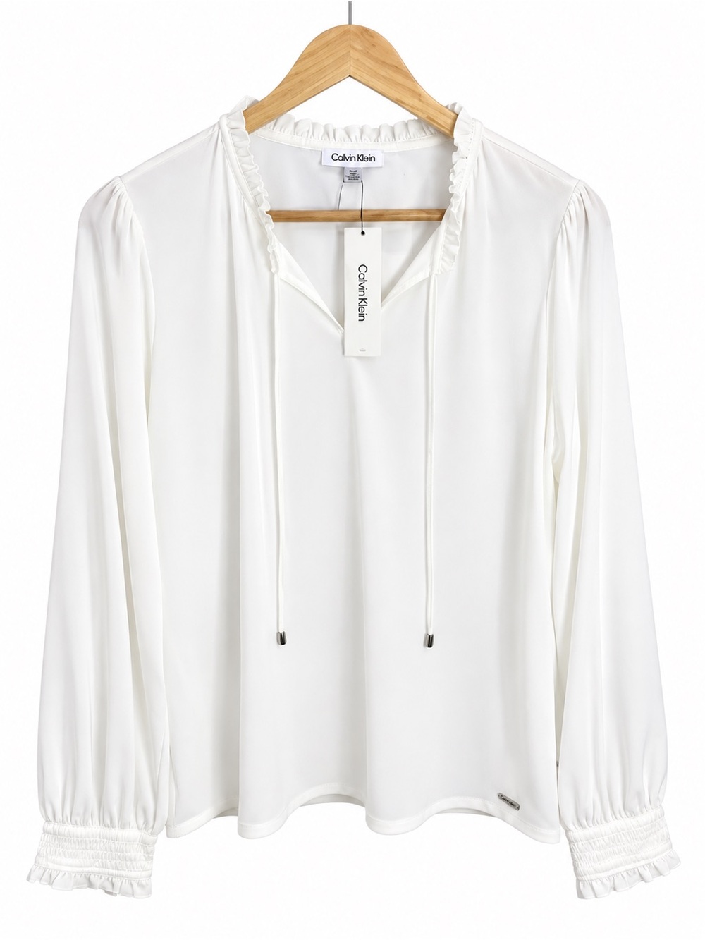Calvin Klein White Ruffle Tie-Neck Long Sleeve Blouse